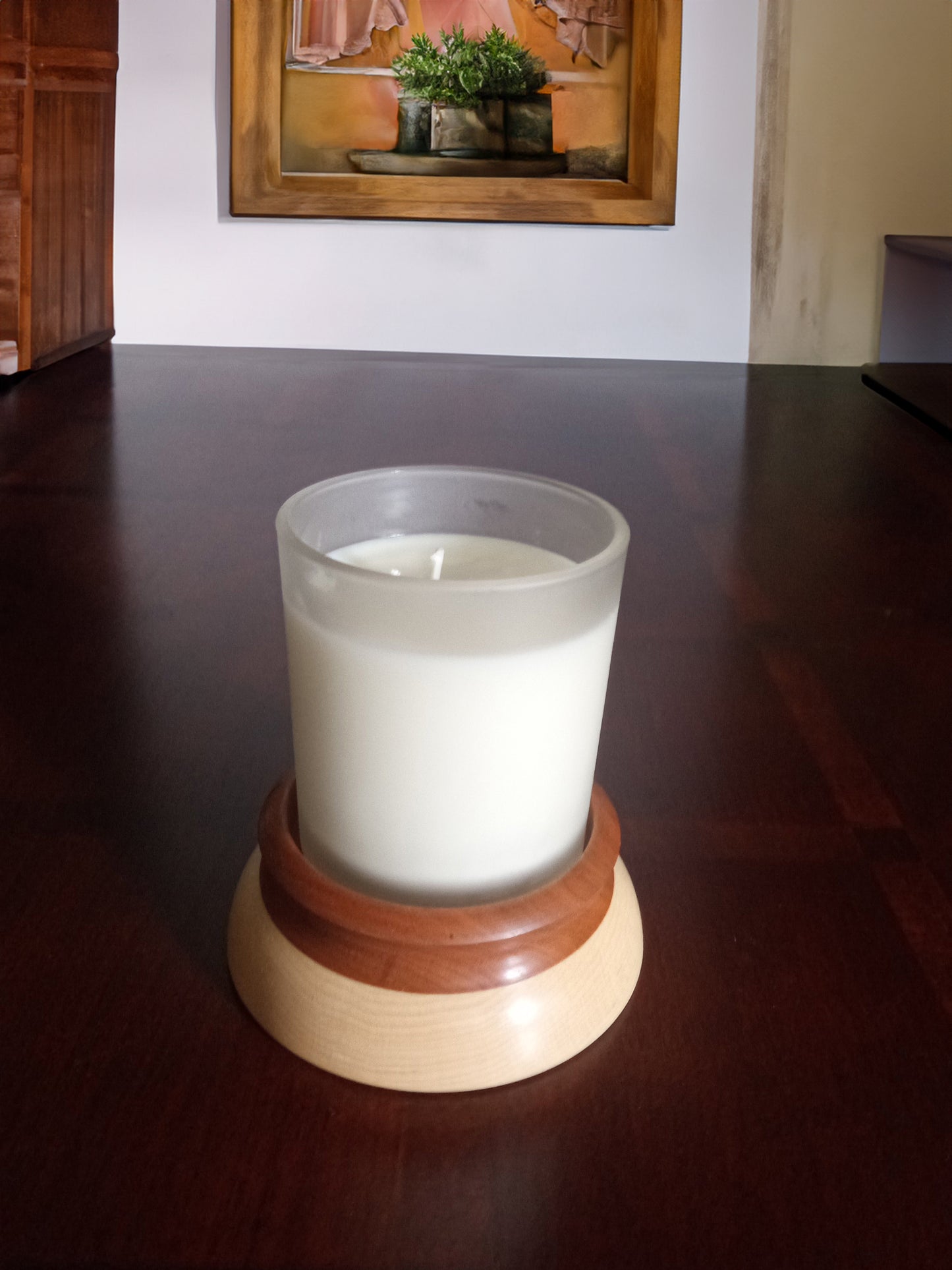 Vanilla Scented Jar Candle with a Cherry and Maple Wood Coaster