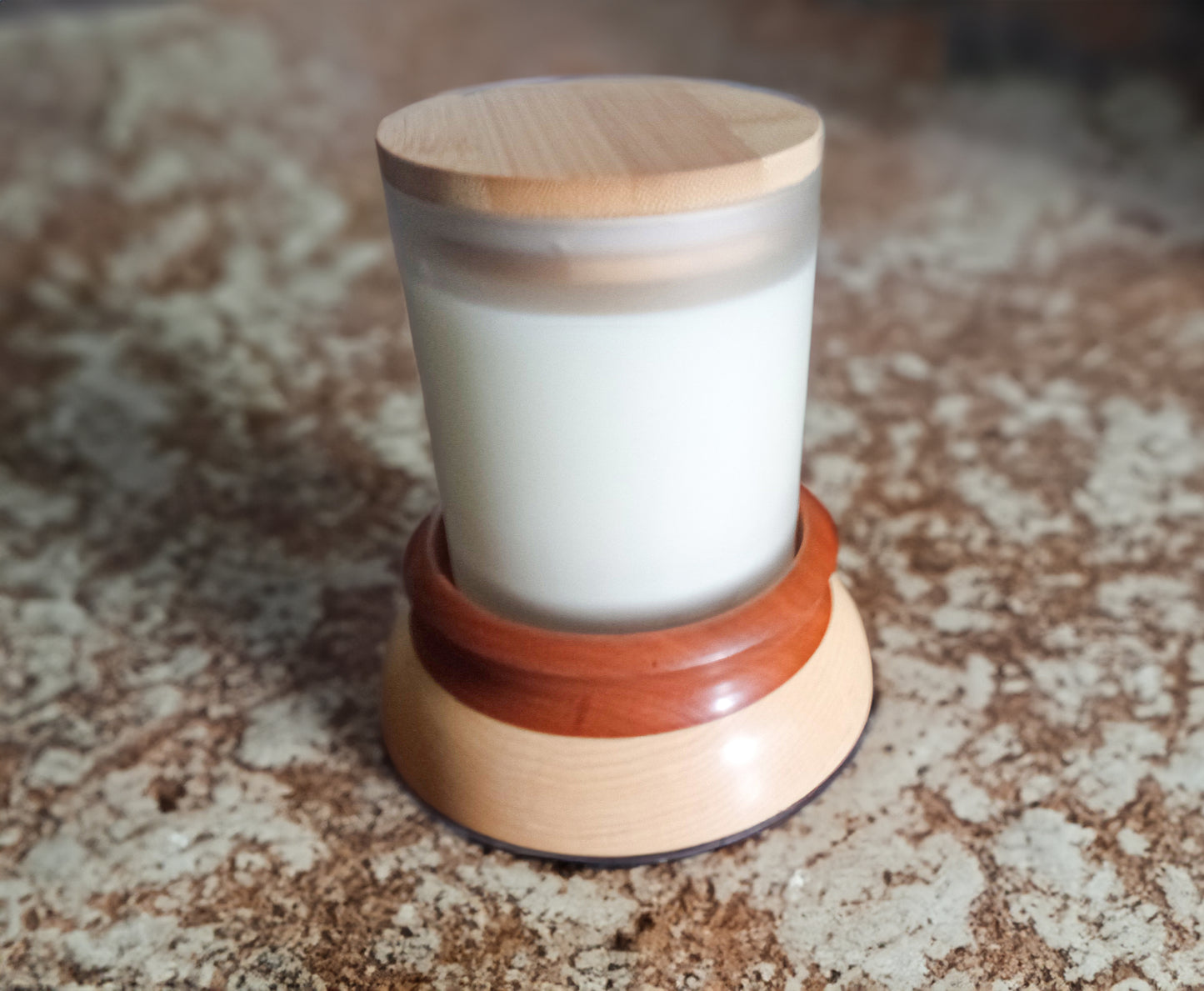 Vanilla Scented Jar Candle with a Cherry and Maple Wood Coaster