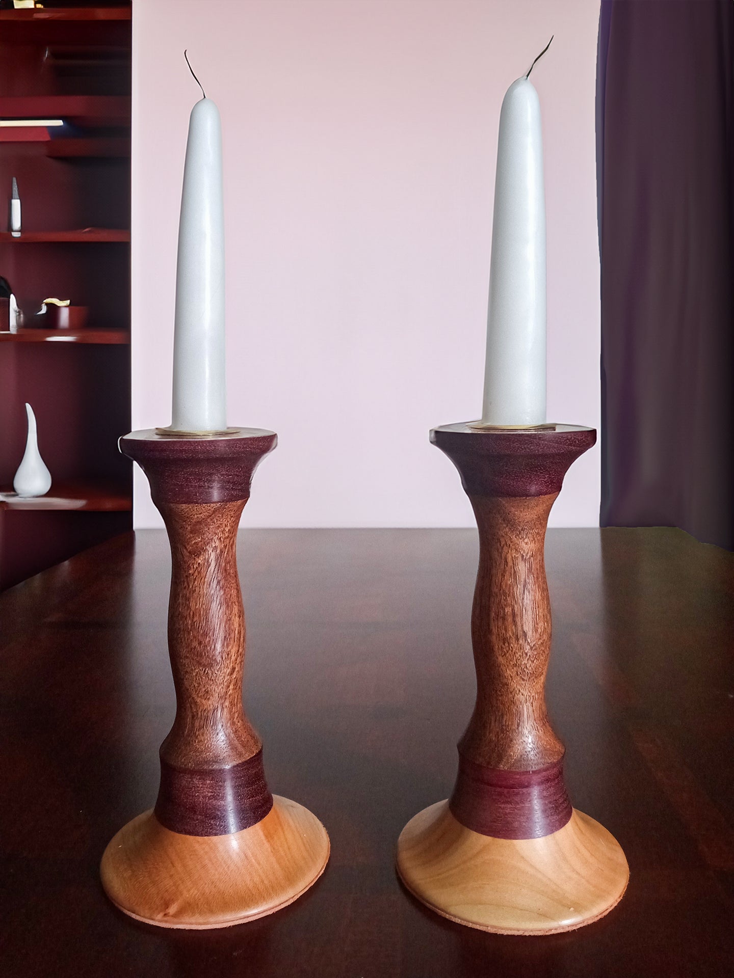 Purpleheart, Mesquite, and Cherry Wood Candleholders