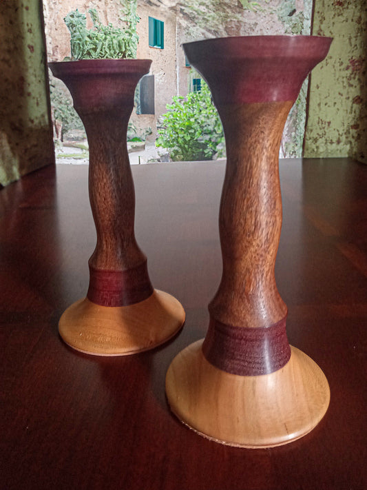 Purpleheart, Mesquite, and Cherry Wood Candleholders