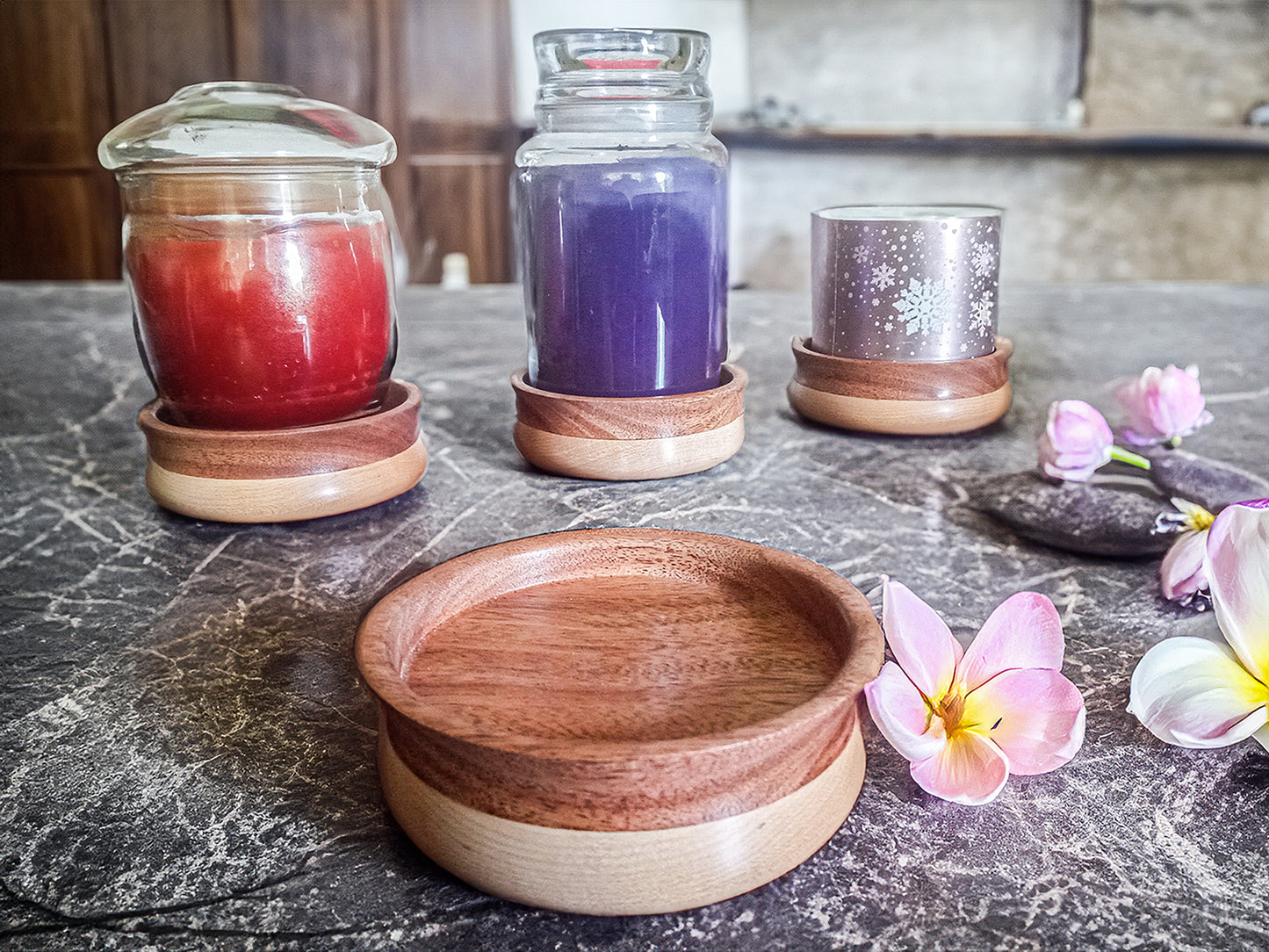 Jar Candle Coaster - Natural African Mahogany and Maple Wood