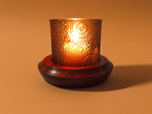 Amber Glass Candle Holder with Padauk Wood Candle Coaster and Vanilla Scented Votive Candle