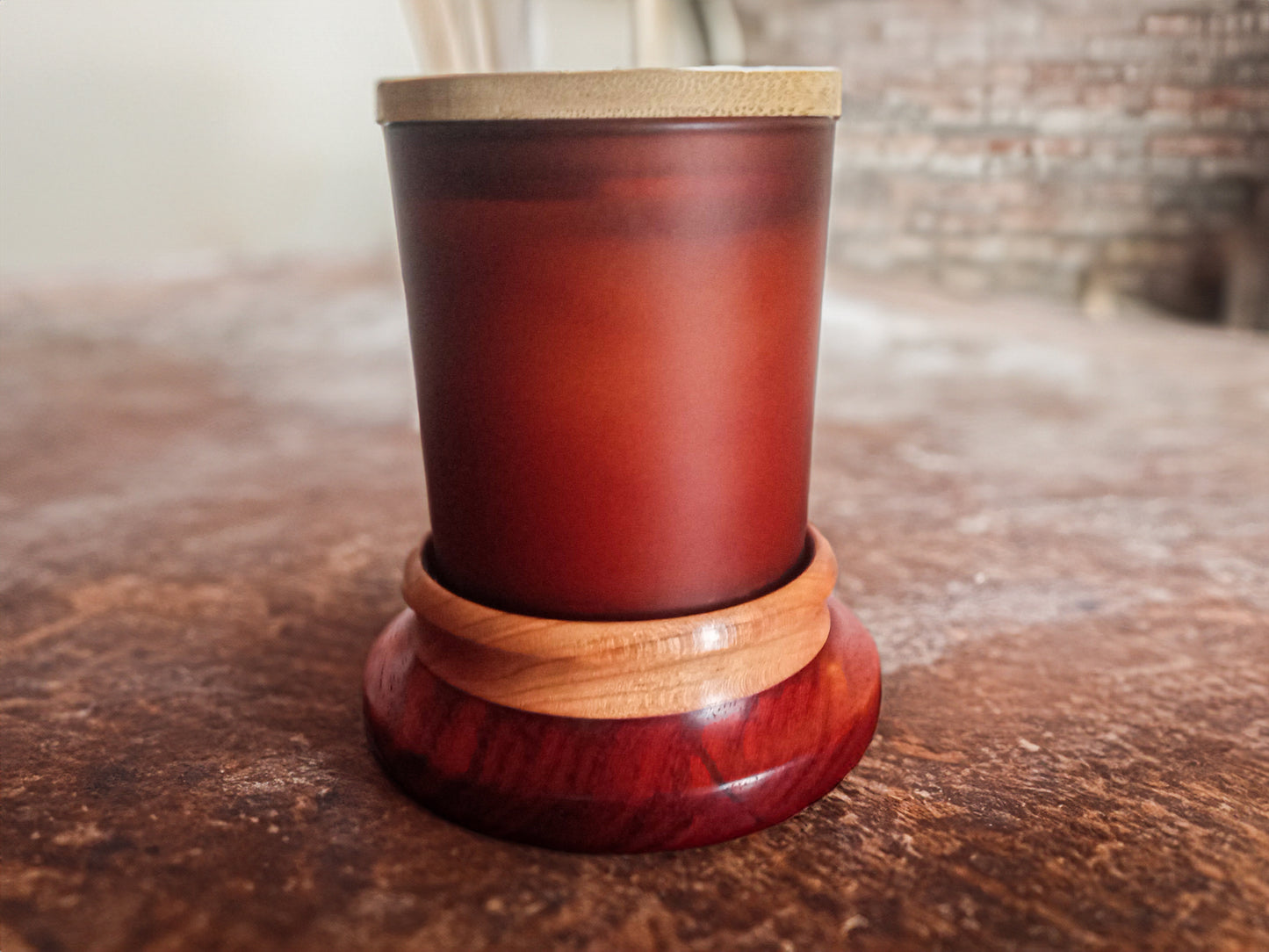 Padauk Wood Candle Coaster with Amber Glass Jar Candle