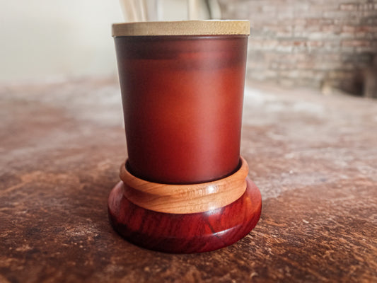 Padauk Wood Candle Coaster with Amber Glass Jar Candle