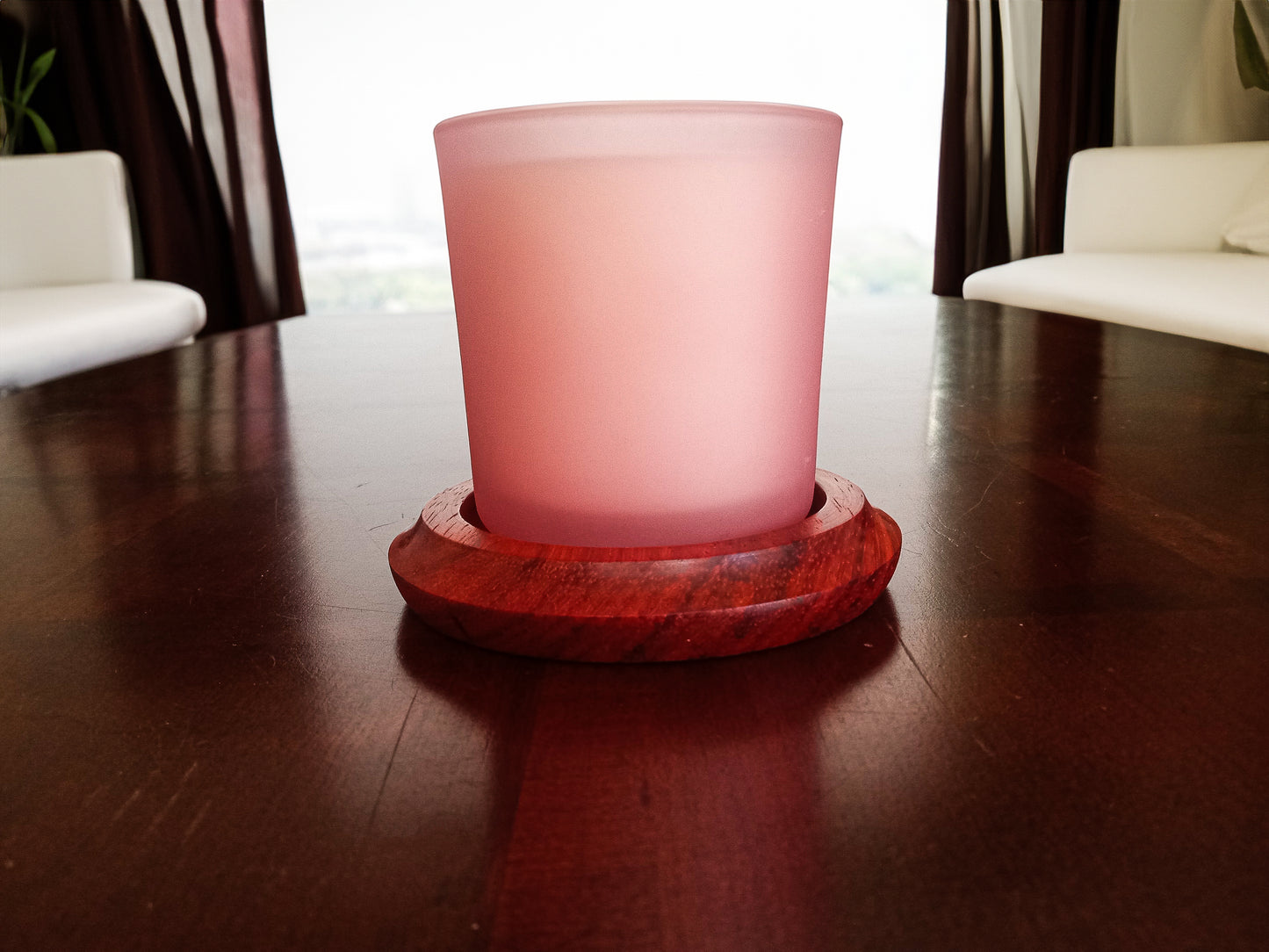 Padauk Wood Candle Coaster with Pink Jar Candle