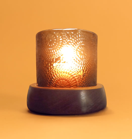 Purpleheart Wood Candle Coaster with Amber Glass Holder and Vanilla Scented Votive Candle