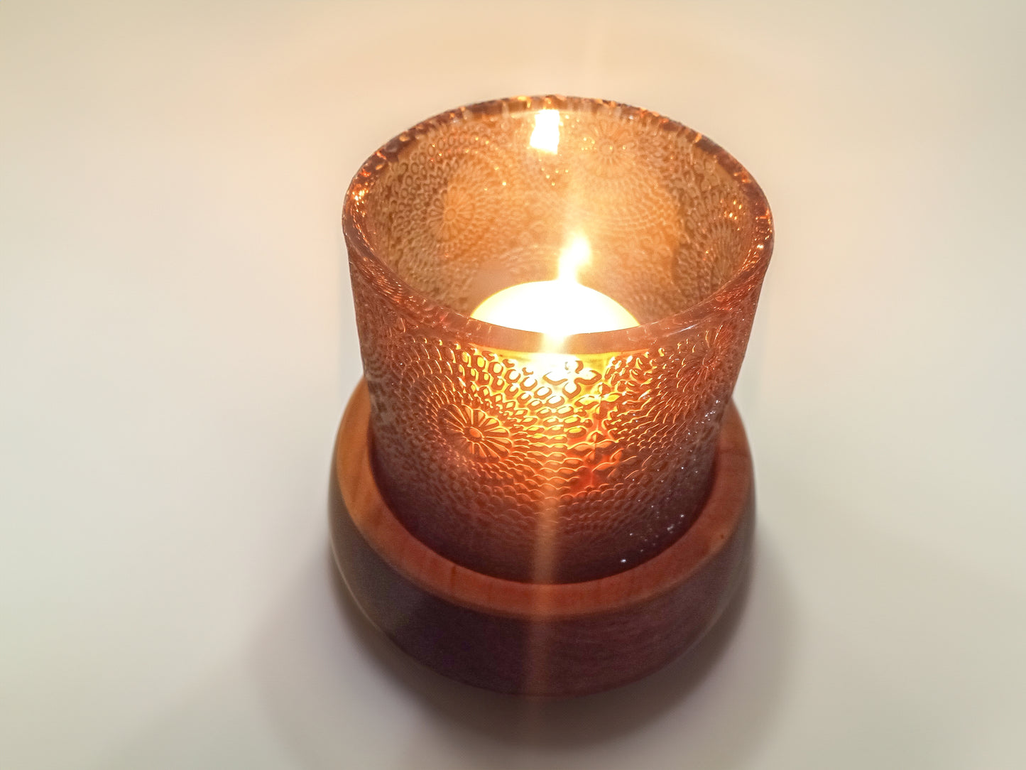 Purpleheart and Cherry Wood Candle Coaster with Amber Cup