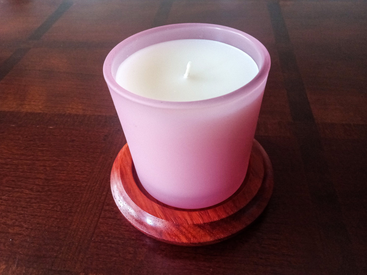 Padauk Wood Candle Coaster with Pink Jar Candle