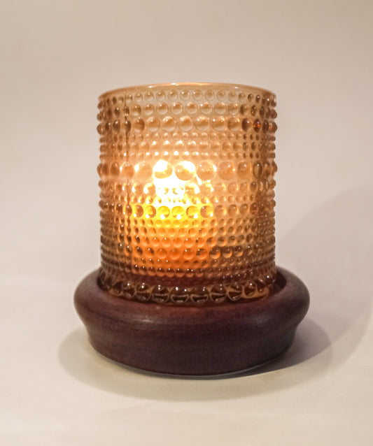 Purpleheart Wood Candle Coaster with Amber Glass Candle Holder and Vanilla Scented Votive Candle